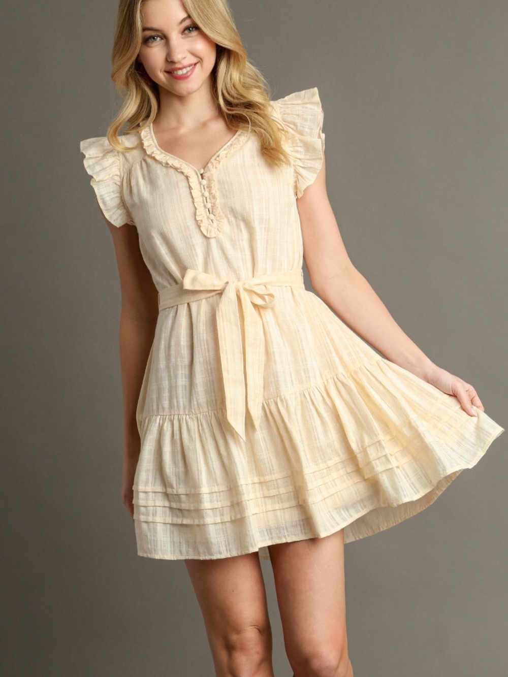 Umgee Cream Textured Ruffle Dress Tie Waist Tiered Mini Cotton Lined NWT